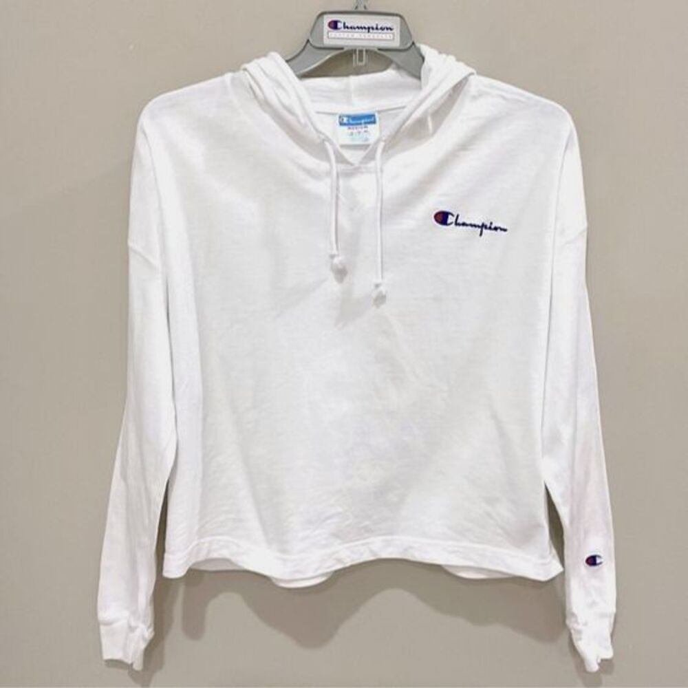 Champion White Hooded Tee Shirt Long Sleeve Cropped T-Shirt Sz Med